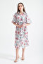 Women's Powder Balloon Sleeve Patterned Midi Dress - 3