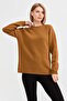 Women's Crew Neck Shoulder Braided Wool Sweater Brown