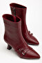 Women's Burgundy Buckle Pointed Toe Thin Heel Boots