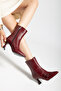 Women's Burgundy Buckle Pointed Toe Thin Heel Boots - 4