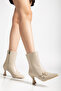 Women's Beige Cream Buckle Pointed Toe Thin Heel Boots - 5