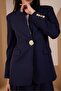 Navy Blue Loose Cut Button Detailed Woven Blazer Jacket - 4