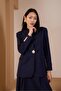 Navy Blue Loose Cut Button Detailed Woven Blazer Jacket