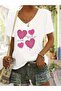 Pink Hearts Printed Women's Oversize V-Neck T-Shirt
