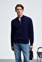 Ivar Men's Half-Zip Stand Collar Hair Knit Patterned Knitwear Navy Blue Sweater - 3