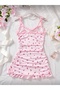 Women's 2-Piece Pink Cherry Printed Strappy Ruffled Nightgown with Thong Gift - 4