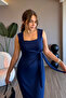 Square Neck Side Tie Modal Navy Blue Midi Dress - 6