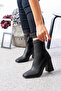 Women's Black Leather High Heel Boots - 4