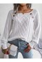 Women's Boat Neck Hair Knit Patterned Button Detailed White Knitwear Sweater - 5