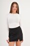 High Waist Front Slit Mini Black Suede Skirt