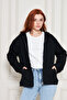 Black Thick Textured Puff 3-Thread Kangaroo Pocket Hooded Zippered Fleece Inside Women's Sweatshirt Cardigan - 2
