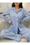 Women's Buttoned Long Sleeve Blue Stripe Pajama Set - 3