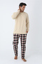 Men's Crew Neck Plaid Pajama Set – Pocket Detail, Drawstring, Gray Melange / Beige / White - 3