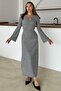 Knitted Dress with Accessories on the Front Gray 9367-E - 4
