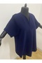 Women's Navy Blue Seersucker Fabric Pleated V-Neck Plus Size Mom Blouse - 3
