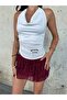 White Color Gathered Side Crop Blouse with Buckle Detail - 2