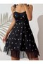 Women's Black Pink Rose Patterned Suspender Tie-Up Lace Detailed Dress 5072 - 2
