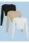 Women's 3-Pack Cotton Body-Hugging Ribbed Fabric Square Neck Long Sleeve Crop Blouse - 2