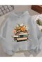 Hooded Sweatshirt with Book and Flower Print Detail and Fleece Inside