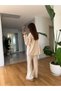 Women's Cream Hair Braided Scarf Sweater Pants Triple Knitwear Set - 4