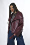 Women's Faux Leather Raglan Sleeve Coat - 6