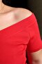 Front Back V-Neck Off-The-Shoulder Short Sleeve Ribbed Red Women's Blouse - 2