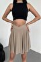 Women's Beige Color Flared Model Skirt with Flounces, Soft Texture, Flexible Elastic Waistband, Sandy Fabric Inside, Shorts Inside - 3