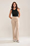 Women's Beige Modal Wide-Leg Seam-Detail High-Waisted Soft-Textured Elastic-Waist Stretch Fabric Trousers - 4