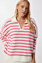 Polo Neck Striped Knitwear Sweater Lus0164 Pink Bone - 2
