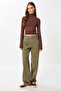 High Neck Saran Stretchy Knitted Blouse Lub0013 Brown