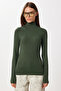 High Neck Saran Stretchy Knitted Blouse Lub0013 Khaki - 5