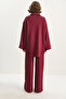 Women's Burgundy Button Detailed Polo Collar Relaxed Cut Modal Top and Bottom Set 4036 60283607 - 7
