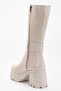Beige Women's Platform Heeled Boots Below the Knee Faux Leather Belt Buckle - 5