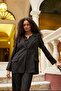 Women's Striped Collar Pocket Flap Sleeves Buttoned Boyfriend Blazer Jacket-Black Stripe - 5