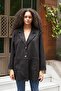 Women's Lightweight Lycra Suede Fabric Collared Long Sleeve Pocketed Sport Stitched Oversize Jacket Coat-Black