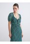 Green Heart Neck Floral Balloon Sleeve Dress - 2