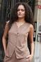 Women's Suede Textured Fabric Wide Crew Neck Flato Pocket Vest-Mink - 6