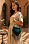 Petrol Green Tasseled Knitted Handmade Women's Shoulder Bag - with Chain Strap - 3