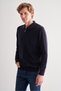 Navy Blue Zippered Polo Collar Long Sleeve Pocketless Comfort Fit Casual Cotton Knitwear Sweater 1012255202 - 3