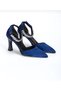 Navy Blue Satin Evening Dress Shoes with Stone Detail on the Ankle and Heel 9 cm Felisya >Boutique - 4