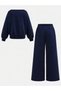 Girl's Minimal Bow Printed Navy Blue Crew Neck Sweatshirt-Loose Fit Navy Blue Tracksuit Set - 3