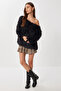 Open Shoulder Bearded Soft Textured Knitwear Sweater Lmt0044 Black - 2