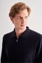 Navy Blue Zippered Polo Collar Long Sleeve Pocketless Comfort Fit Casual Cotton Knitwear Sweater 1012255202 - 4