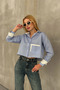 Women's Blue-White Striped Oversize Crop Woven Shirt with Garnished Pockets Loi̇a25-5003 - 7