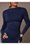 Backless Boat Neck Finger Detail Lycra Long Sleeve Dress - 3
