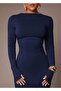 Backless Boat Neck Finger Detail Lycra Long Sleeve Dress - 2