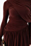 Women's Brown Shoulder Detail Cross Gathered Long Dress - 5
