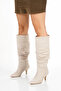 Women's Beige Suede Drawstring Detailed Thin Heeled Knee-High Boots - 5