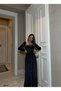 Stretchy Glitter Velvet Square Neck Stone and Belt Detailed Evening Dress 583122 Black - 2
