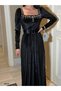 Stretchy Glitter Velvet Square Neck Stone and Belt Detailed Evening Dress 583122 Black - 4